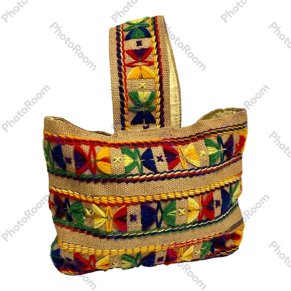 Vintage 70s Burlap Purse Bag Tote Multi Color Embroidery BOHO Hippie 14" - Picture 3 of 9
